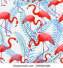 Pink flamingos in the leaves. Exotic pattern for fabric and wrapping paper.