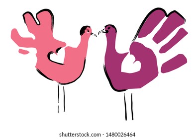the pink flamingos are looking at each other