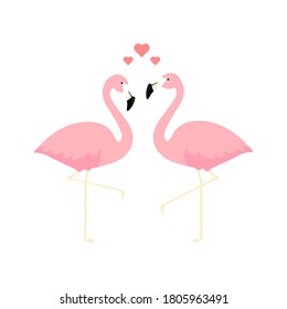 Pink flamingos love concept. Couple of two cute flamingo with hearts vector illustration isolated on white