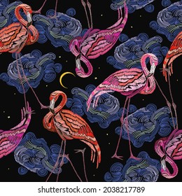 Pink flamingos, moon and night sky. Tropical birds. Summer seamless pattern. Fashion animals background. Template for design of clothes 