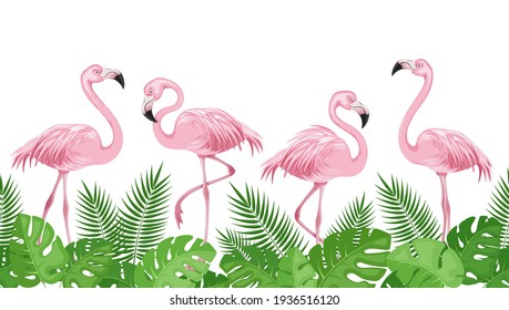 Pink flamingos on background of green palm leaves. Horizontal border with tropical birds and leaves. Exotic background template. Seamless pattern. Isolated. Vector illustration