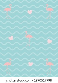Pink flamingos on the background of sea waves. Tropical romantic card with a bird and a heart for printing on notebooks, decorative pillows, bed linen. Vector graphics.