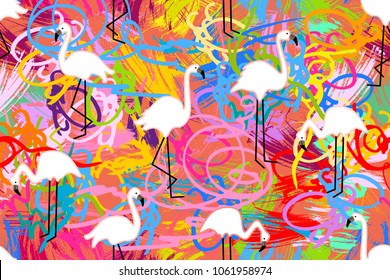 Pink flamingos on colorful grunge background. Seamless animal print with tropical motifs. Trendy design for textile, cards, covers and other decorations.