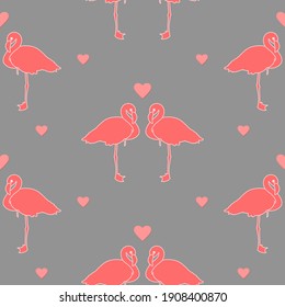 pink flamingos on gray repetitive background with hearts. simple birds. vector seamless pattern. fabric swatch. wrapping paper. continuous print. valentines romantic design element. love concept