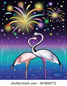 Pink flamingos on natural colorful background with salutes and stars