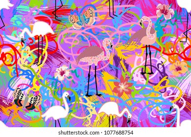 Pink flamingos on purple grunge background. Seamless animal print with tropical motifs. Trendy design for textile, cards, covers and other decorations.