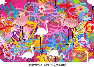 Pink flamingos on red grunge background. Seamless animal print with tropical motifs. Trendy design for textile, cards, covers and other decorations.