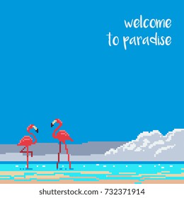 pink flamingos on sea landscape, pixel art style vector illustration.