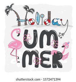 Pink flamingos on summer beach vector illustration.