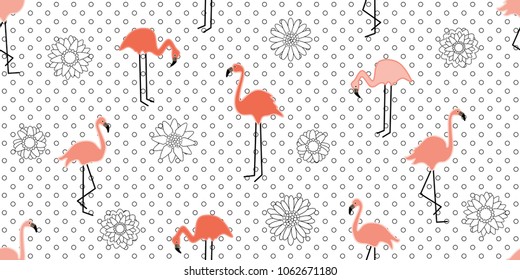 Pink flamingos on white dotted background with flowers. Seamless animal print with tropical motifs. Trendy design for textile, cards, covers and other decorations.