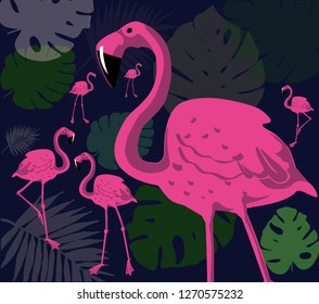 pink flamingos and palm leaves and leaf of a monstera