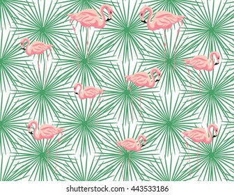 Pink Flamingos and palm leaves pattern. Vector exotic Summer pattern background