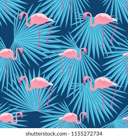 Pink flamingos and palm leaves. Seamless tropical summer pattern.