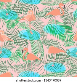 pink flamingos and palm leaves seamless pattern