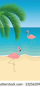 pink flamingos and palm tree leaf on the beach summer holiday background vector illustration EPS10