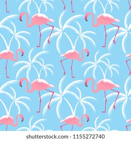 Pink flamingos and palms. Seamless tropical pattern.