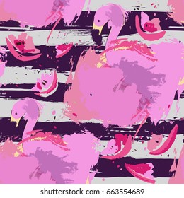 Pink flamingos and pieces of juicy watermelon on a striped background - vector seamless pattern