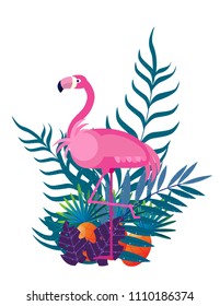 pink flamingos, pineapples, palm leaves, flat style, vector illustration isolated on white background - Shutterstock ID 1110186374