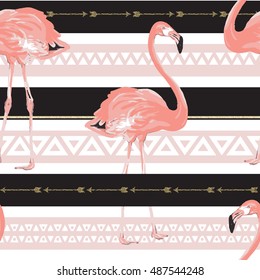 Pink flamingos seamless Abstract pattern. Fashion boho style background with gold element. striped geometric texture - stock vector