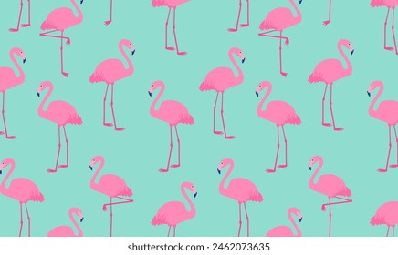 Pink flamingos seamless on blue background. Seamless design for textile, wallpaper, and fabric. Summer and exotic tropical theme.	