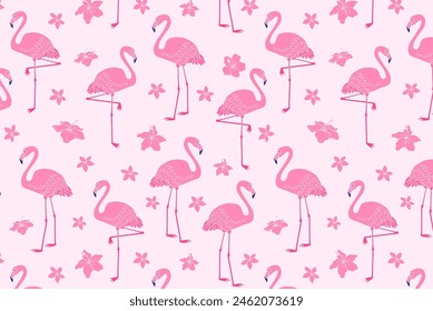 Pink flamingos seamless on light pink background. Seamless design for textile, wallpaper, and fabric. Summer and exotic tropical theme.	