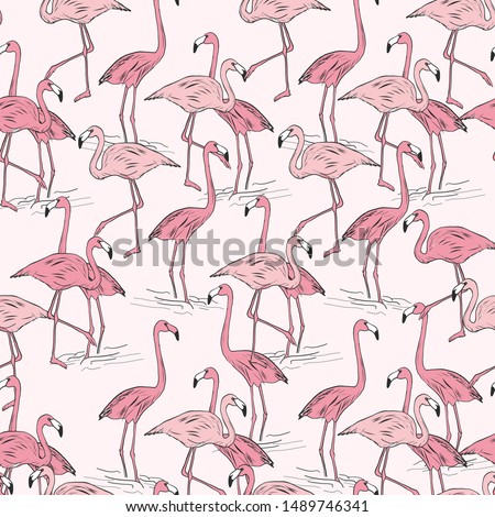 Pink flamingos seamless pattern. Detailed beaks, necks, feather, body. Standing posture. Zoo bird park. Vector editable file.