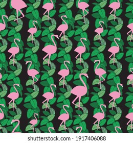 Pink flamingos seamless pattern. Flat vector stock illustration. Ornament with exotic bird, leaves. Texture with flamingos for printing on fabric, textile. Tropical endless pattern. Bird flamingo
