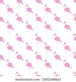 Pink flamingos seamless pattern. On white background. Create fabric, card, wallpaper and banner