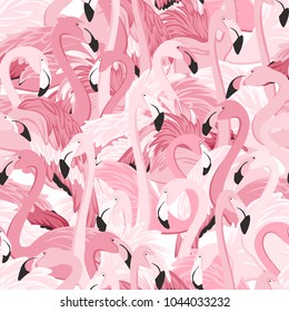 Pink flamingos seamless pattern. Random overlap exotic wading birds flock flamboyance. Detailed beaks, necks, feather, body. Standing posture. Zoo bird park. Vector design illustration.