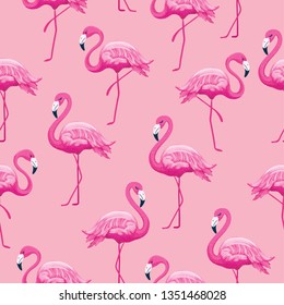 Pink flamingos seamless pattern. Random overlap exotic wading birds flock flamboyance. Detailed beaks, necks, feather, body. Standing posture. Zoo bird park. Vector design illustration.