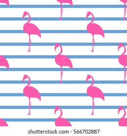 Pink flamingos seamless pattern. Tropical summer animal background with geometric stripes texture