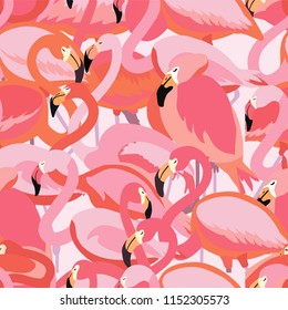 Pink flamingos seamless pattern, vector illustration. Exotic birds endless background, vector illustration. Can be used for cards, invitation, print, web, etc.