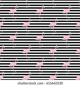 Pink flamingos seamless pattern. Vector illustration. Beautiful tropical background to print on fabric, textiles, design, clothing. Ornament with exotic birds with black horizontal stripes, lines.