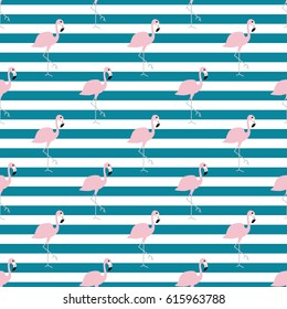 Pink flamingos seamless pattern. Vector illustration. Beautiful tropical background to print on fabric, textiles, design, clothing. Ornament with exotic birds with blue horizontal stripes, lines.