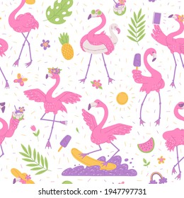 Pink flamingos seamless summer pattern. Character african birds cartoon flat background.