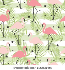 Pink flamingos, stars and palm leaves on a striped background. Seamless summer pattern.