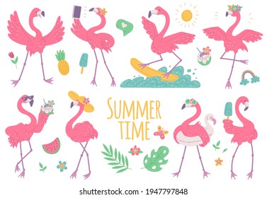 Pink flamingos summer set with with ice cream, on surfboard and wearing sunglasses. African birds cartoon flat illustration.