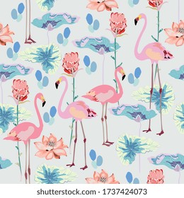 Pink flamingos surrounded by lotus flowers and protea on a light gray, cream background. Seamless vector floral pattern with tropical motif. Square repeating design for fabric and wallpaper.