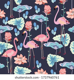 Pink flamingos surrounded by lotus flowers and protea on a violet color background. Seamless vector floral pattern with tropical motif. Square repeating design for fabric and wallpaper.