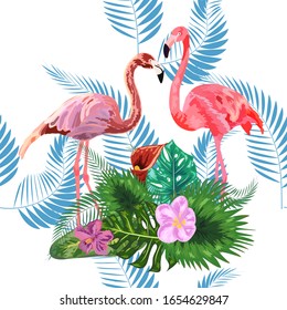 Pink flamingos, tropical flowers and jungle leaves, hibiscus, pink lotus. Beautiful seamless floral jungle pattern wallpaper