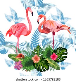 Pink flamingos, tropical flowers and jungle leaves, hibiscus. Beautiful seamless floral jungle pattern