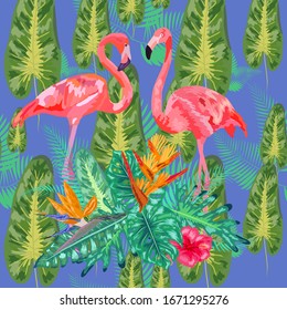 Pink flamingos, tropical flowers and jungle leaves, hibiscus, pink lotus. Beautiful seamless floral jungle pattern wallpaper
