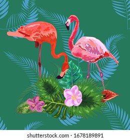 Pink flamingos, tropical flowers and jungle leaves, hibiscus, pink lotus. Beautiful seamless floral jungle pattern wallpaper