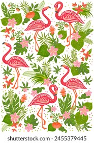 Pink flamingos, tropical flowers and leaves. Rectangular composition for Rectangular composition art projects.