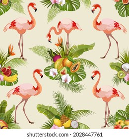Pink flamingos and tropical fruits.Flamingos, tropical fruits and palm leaves in color vector pattern.