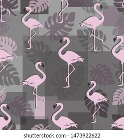 Pink flamingos with tropical leaves. Seamless pattern. Romantic background with tropical birds. Trendy pink birds among tropical foliage and geometric shapes.