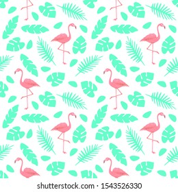 Pink flamingos and tropical leaves summer seamless pattern. Vector illustration. Design for textile, fabric, wallpaper.