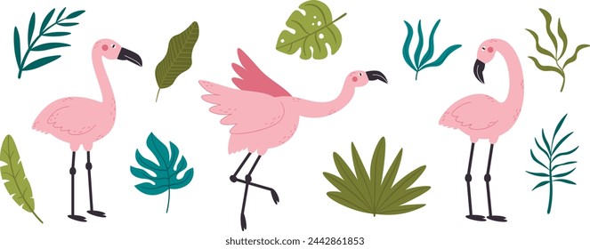 Pink flamingos and tropical leaves vector set. Illustration for decor, postcard, print	