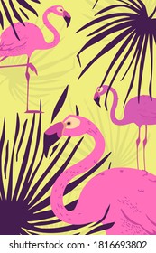 Pink flamingos and tropical plants. Bright summer juicy background. Flora and fauna on the ornament. Vintage background
