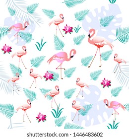 Pink flamingos. Tropical plants. Light background. Seamless pattern. Can be used for fabrics, paper.